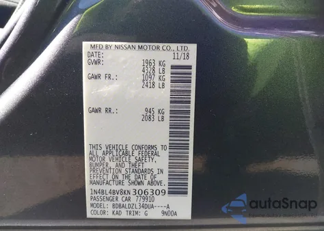 2019 Nissan Altima 2.5 S from USA, damaged, VIN 1N4BL4BV8KN306309
